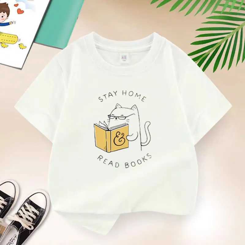 Cat Reading T-shirt for Girls Cotton Kids T Shirt Cartoons Children Casual Clothes Teen Baby Girl Summer Y2K Tops 6 8 10 12 Years T250603