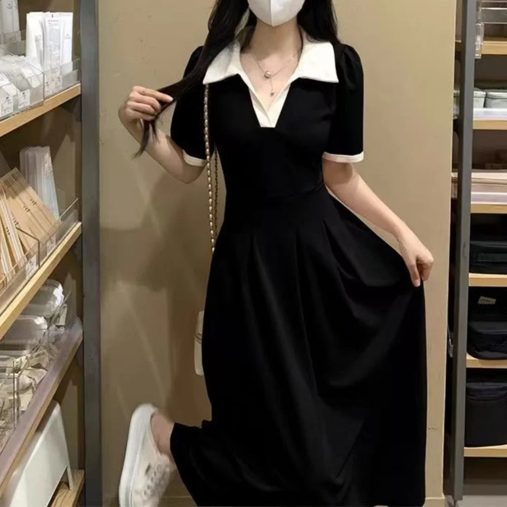 Chic Office Ladys Black Dress Plus Size Short Sleeve Midi Elegant Womens Loose ALine 2025 Korean 250526