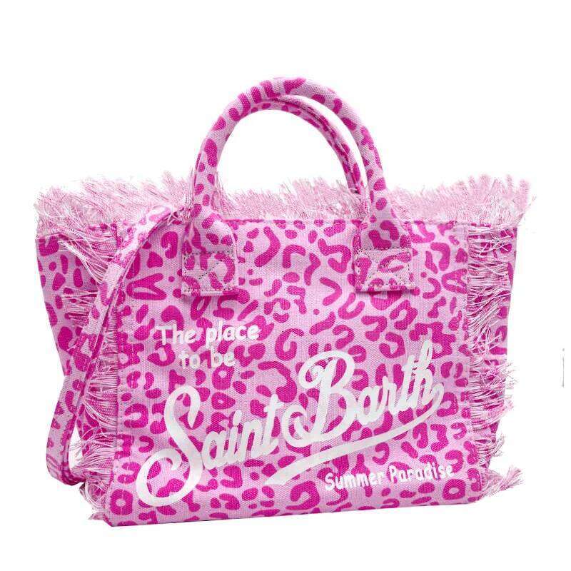 Saint Barth Handbag New Beach Casual Fringe Canvas Leopard Print Rose Red Small Tote Bag For Women