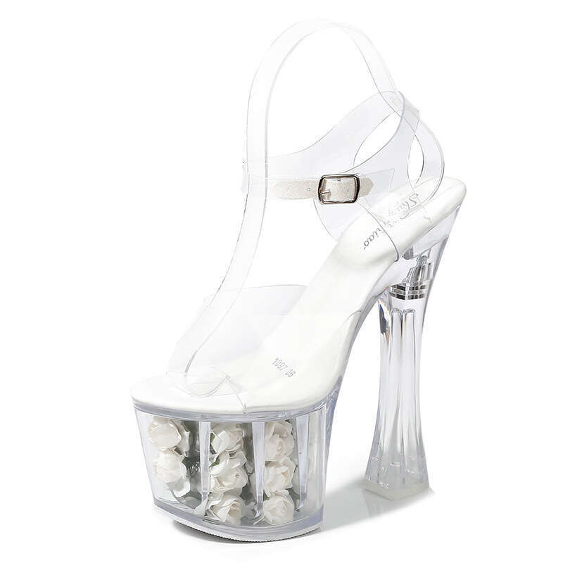 Super High Heels New Style Rose Flower Super High Heels Chunky Heel Sexy Waterproof Platform Sandals Transparent Crystal Wedding Shoes Platform High H