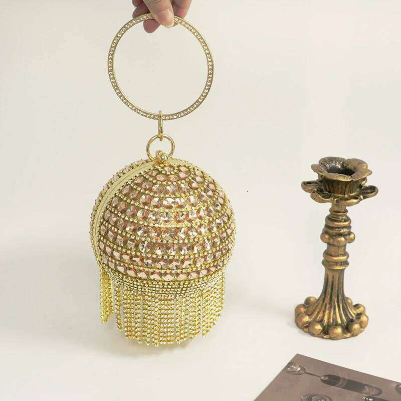 Crystal Tassels Circular Evening Bags Rhinestone Round Ball Handbags Elegant Clutch Purse Small Wedding Wallets