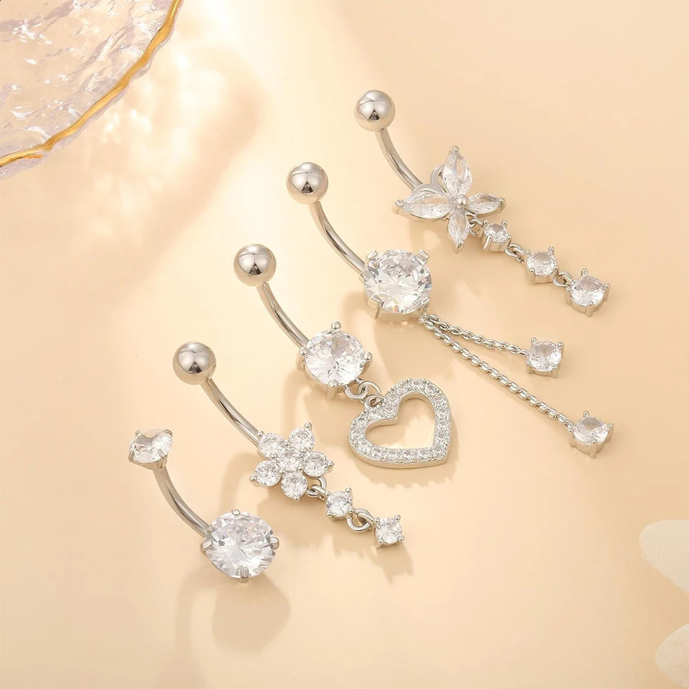 5pcs Pink Zircon Belly Button Ring Sets 14G Curved Tassel Chain Dangled Belly Piercing nombril Jewelry for Women Sexy Navel Ring 250530