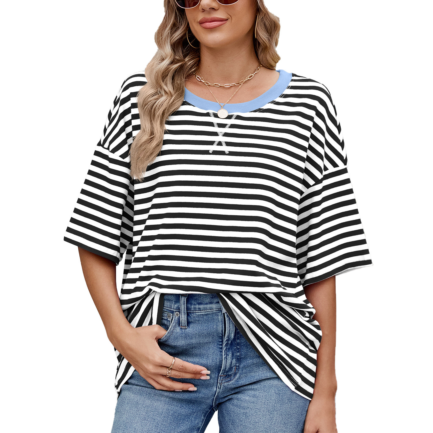 Luxury Designer Clothing, Fashionable Striped Color Block Loose Short Sleeved Women's T-shirt Top In Stock 2025 New Designer Short Sleeved Shirt