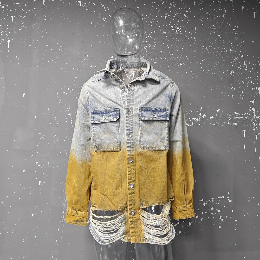 PFNW Darkwear High Quality Denim Jacket Mens Gradient Colorblocking Distressed Oversized Washed Outerwear Coat Top 28W5674 250529