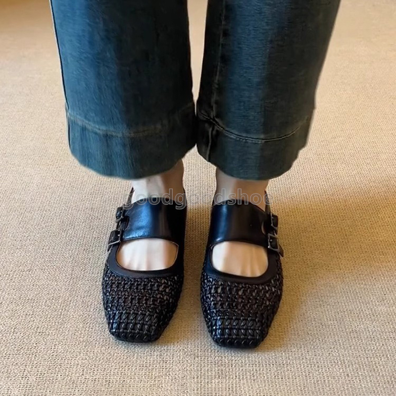 designer sandals retro heels half slippers women square head woven breathable hollowing sandal black white sandale elegant daily walk med heel women s