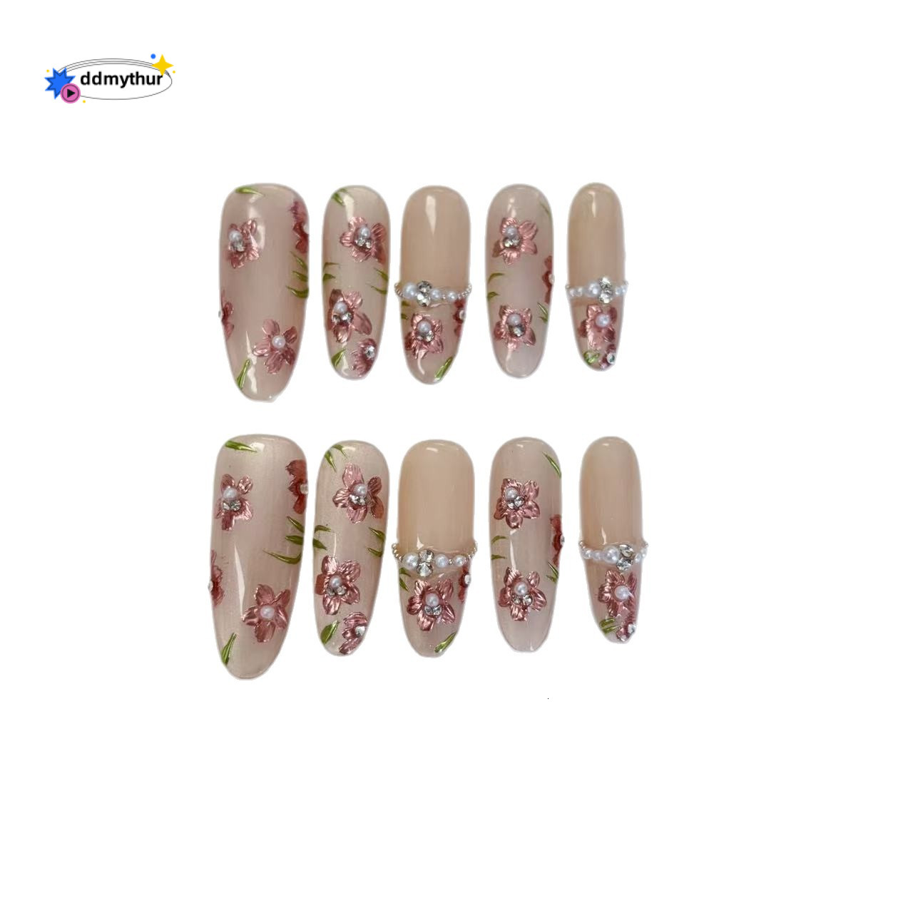 New Oval Nude French Wearable Cat Eye Flower Pearl Fake Nails Fresh Cute Nail Stickers ddmythur