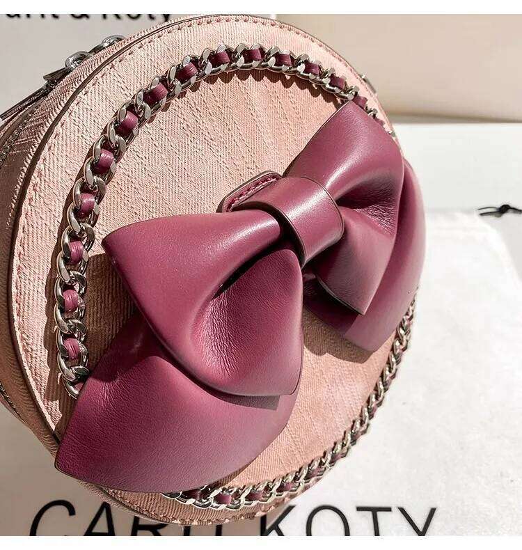 Fashion Cute Bow Knot Circular High Quality Clutch Purse Textured Leather Women Handbag Female Shoulder Messenger Bag