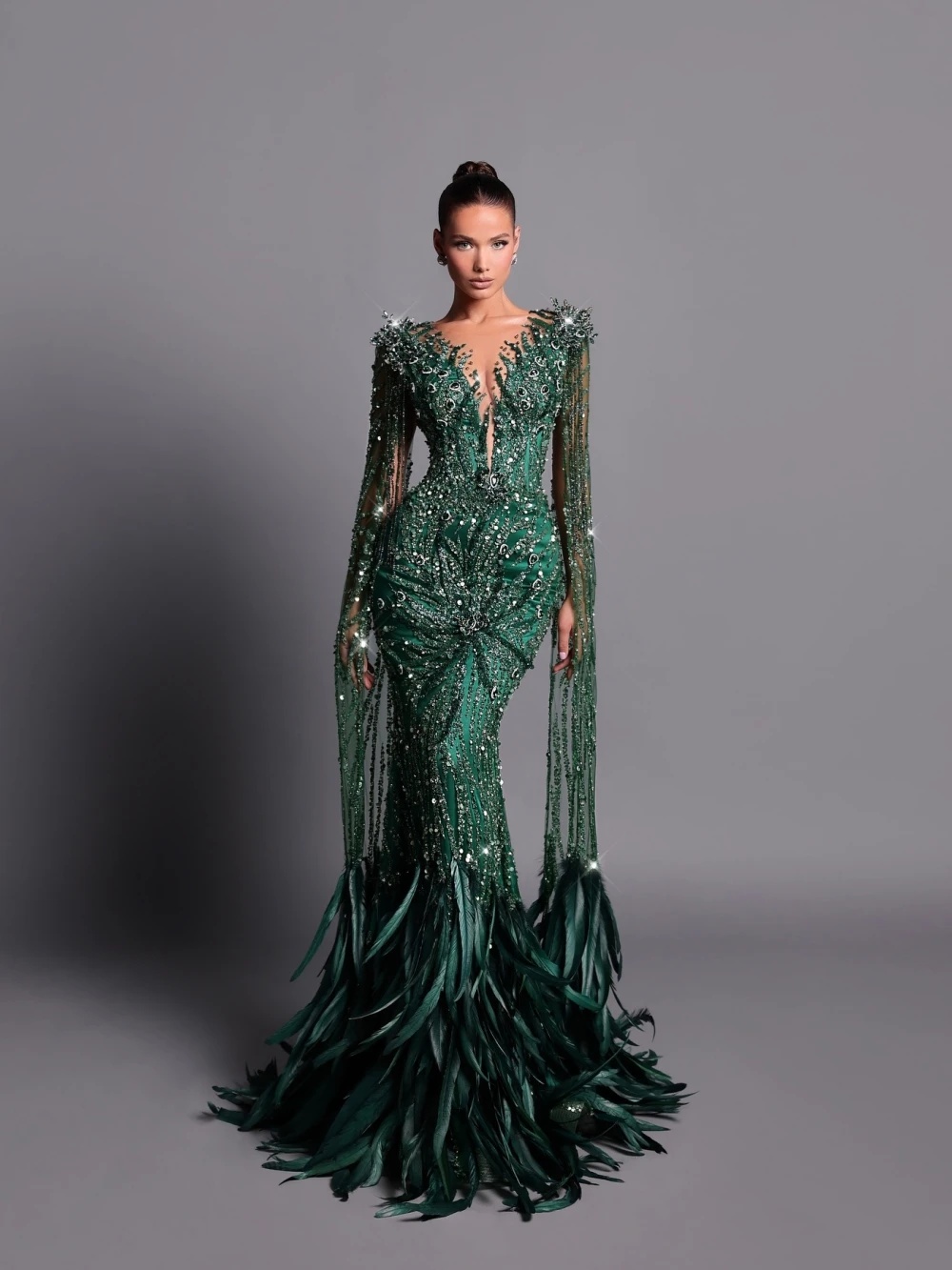 Exquisite Crystal Evening Dresses Sequins Feather Prom Dress Tassel V Neck Long Sleeves Rhinestone Mermaid Party Gowns Vestidos De Noche