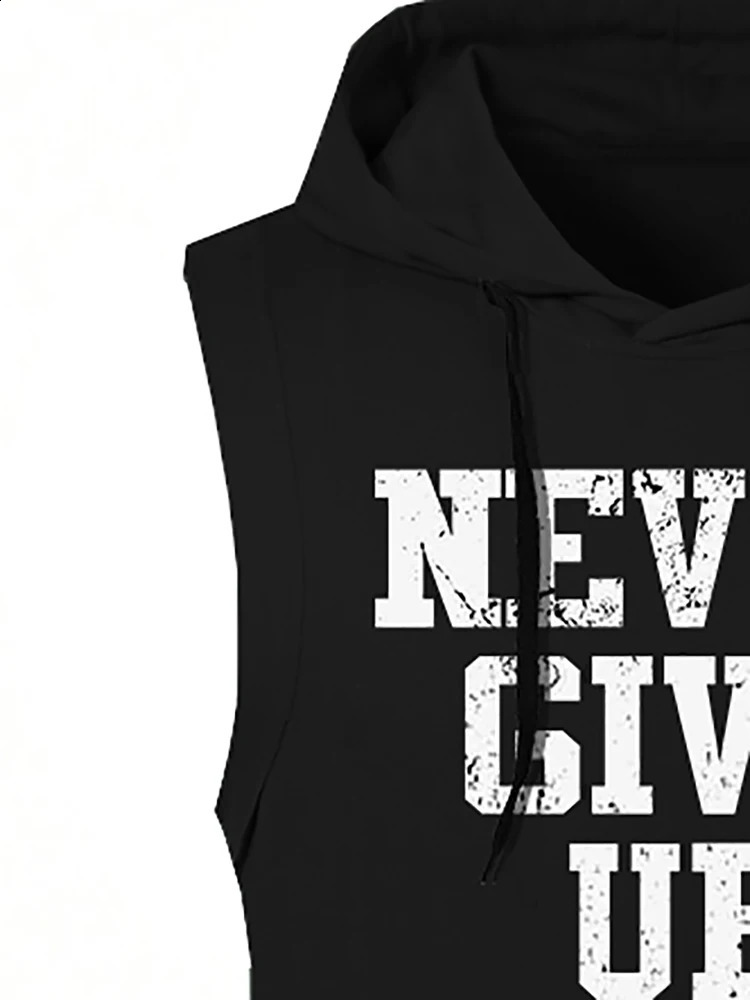 Mens Sleeveless Hooded Vest with the Inspiring Never Give Up Personalized Print Summer Letter n Exuding Street S 250527