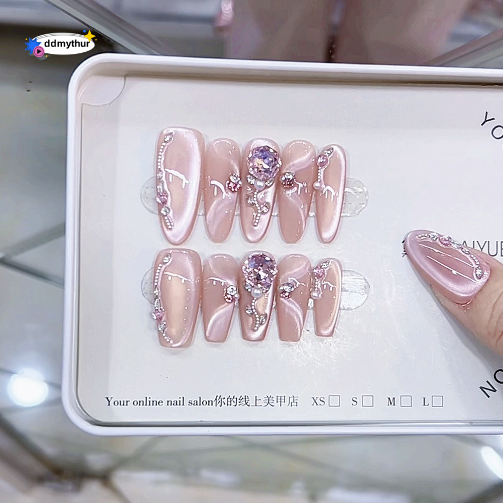 Nai Zi Handmade Wearable Nails Rose Church 3D Pink Dia Chasing Light Cat Eye High-end Pure Desire Temperament Nail Stickers ddmythur