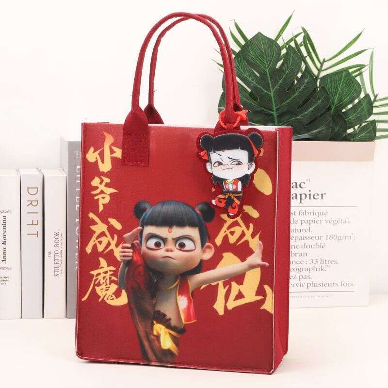 2025 New Nezha Handbag Cartoon Cute Large Capacity Shopping Student Shoulder Felt Tote Bag