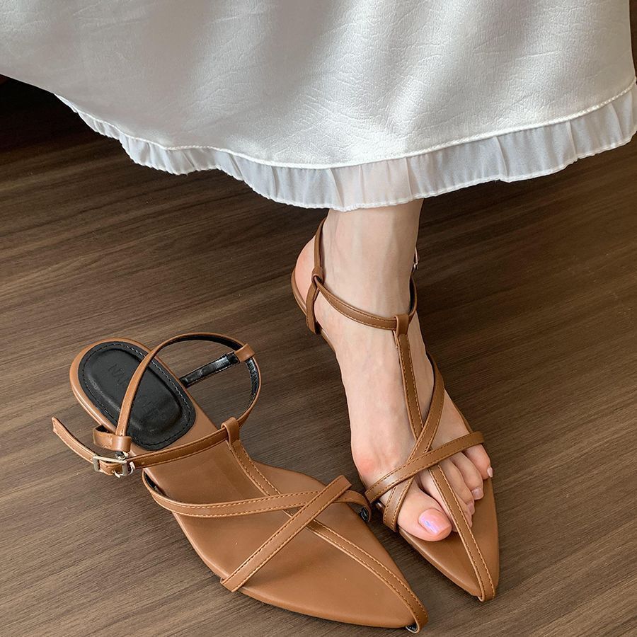 Wedge Sandals for Women, Summer Outdoor New Niche High-end French Fairy Style Black Thin Strap Pointed Toe Roman Shoes