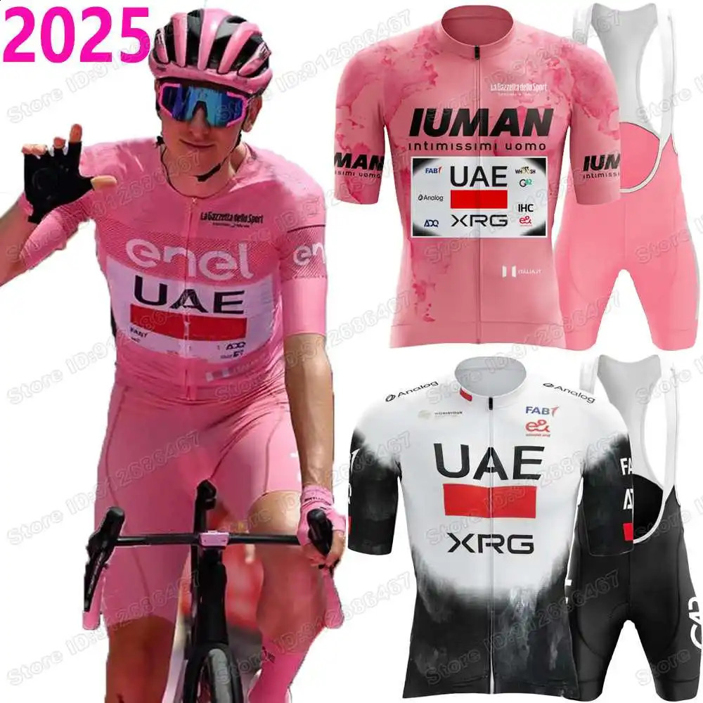 2025 Yellow Pink UAE Team Cycling Jersey Set Tadej Pogacar Cycling Clothing Men France TDF Road Bike Suit Bicycle Bib Shorts 250527