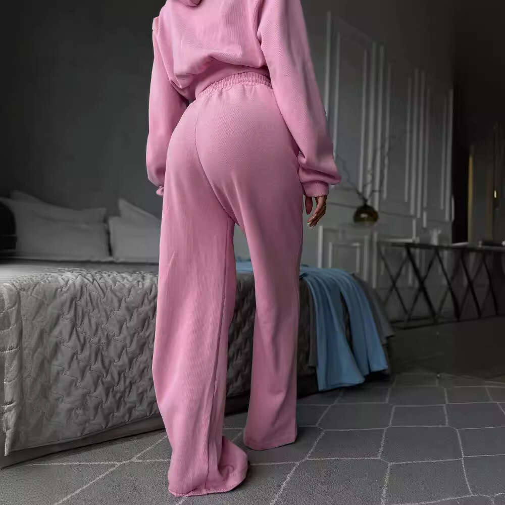American Style Solid Color Simple Zipper Long Sleeve Hoodie Set High-End Low Waist Drawstring Elastic Sweatpants Women B5