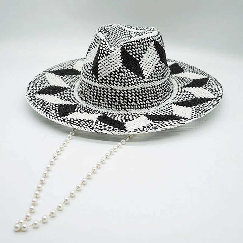 Black White Pattern Toquilla Straw Hats Summer Panama Hats Pearls Chain Sun Hats for Women Men Handmade Fedora Beach Travel Hat W250602