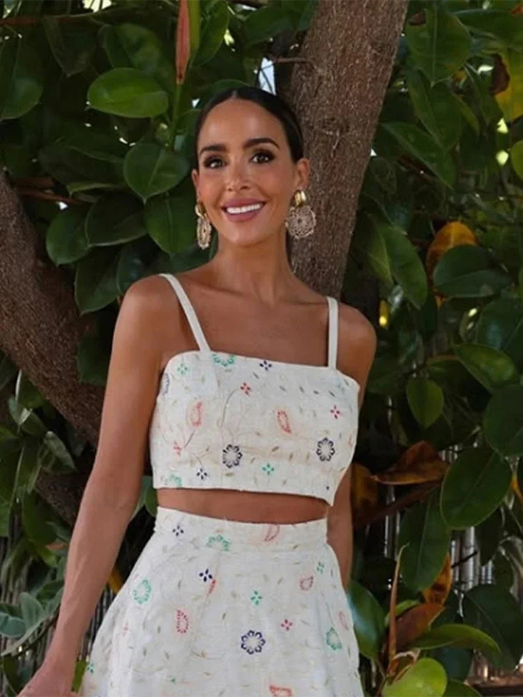 Chic Embroidery Long Skirts Suit Women Elegant Loose Sleeveless Crop Tops Sets Female Spring Summer Beach Vacation Set 250603