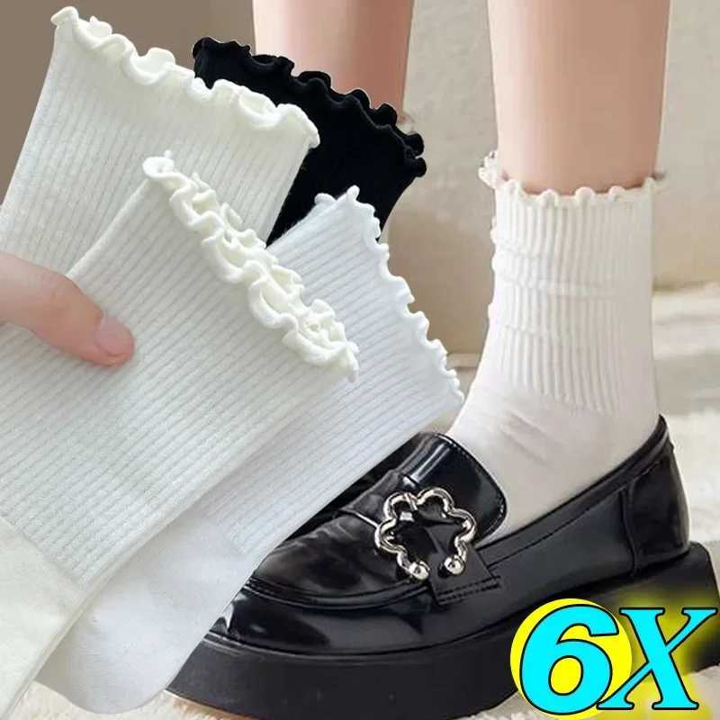 1/2/3pairs Cotton Ruffles Ankle Socks Women Lolita Cute Kawaii Korean Stocking Girl Spring Black White Middle Tube Japanese Socks T250602