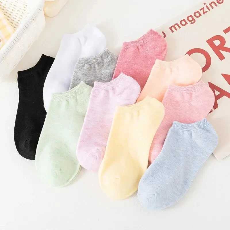10 Pairs of Colored Cotton WOMENS Short Socks Ankle Breathable Mesh Sports Socks Casual Sports Summer Thin Socks Solid Color T250602