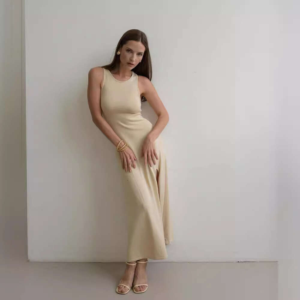 Round Neck Pullover Sleeveless Long Knit For Women With Sexy Hem Split Straight Full Body Dress B5