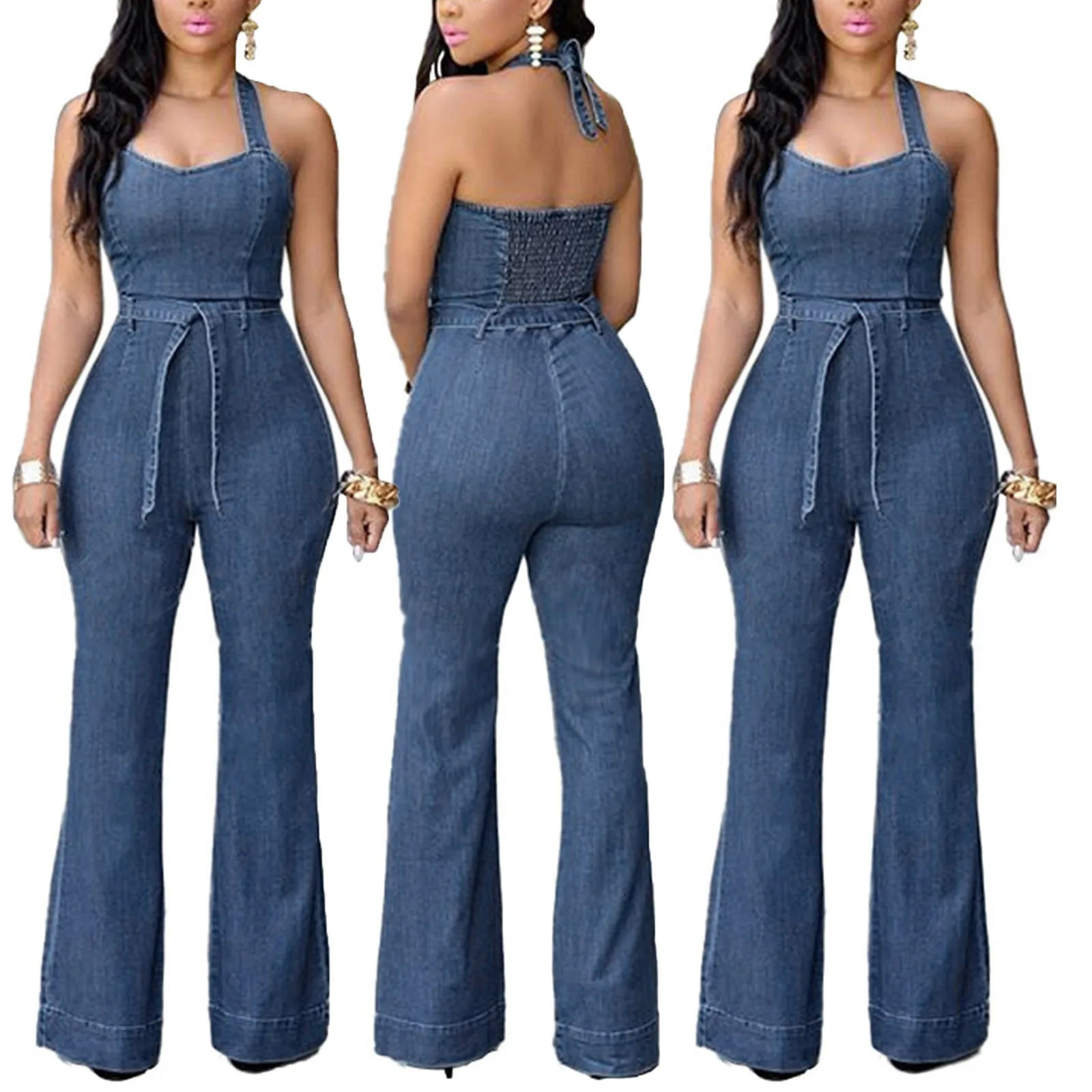 Womens Slim Fit Halter Sleeveless Casual Denim Jumpsuit Elegant Women Bodycone Playsuit With Belt Fashion Skinny Flare Pants 250603