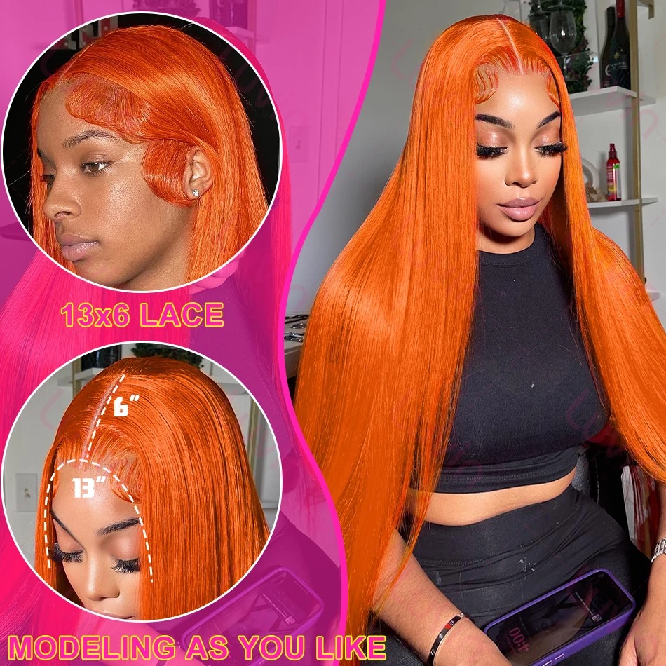 Straight Ginger Orange Wigs Colored 13x6 HD Lace Frontal Wig 13x4 30 Inch Human Hair PrePlucked Transparent Brazilian Wig Synthetic