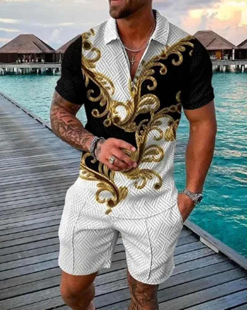 Summer Mens Tracksuit 3D Printing Short Sleeve Zipper Polo Shirt Shorts Set for Men Casual Streetwear 2piece Suit 250530