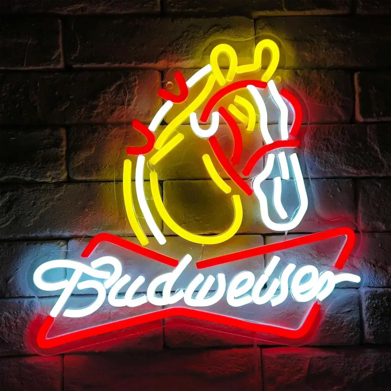 Bud Weisers Horse Neon Signs for Wall Decor USB-Powered LED Bar Sign for Home Bar Garage Bar Man Cave Party DecorationsXJ250602