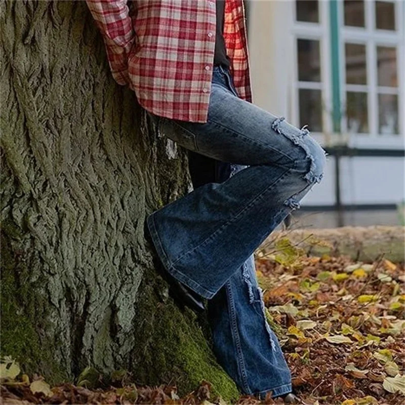Vintage Patch Stretch American Style Flared Jeans Mens Streetwear Button Splicing Pocket Male Youth Daily Casual Denim Pants 23 250530