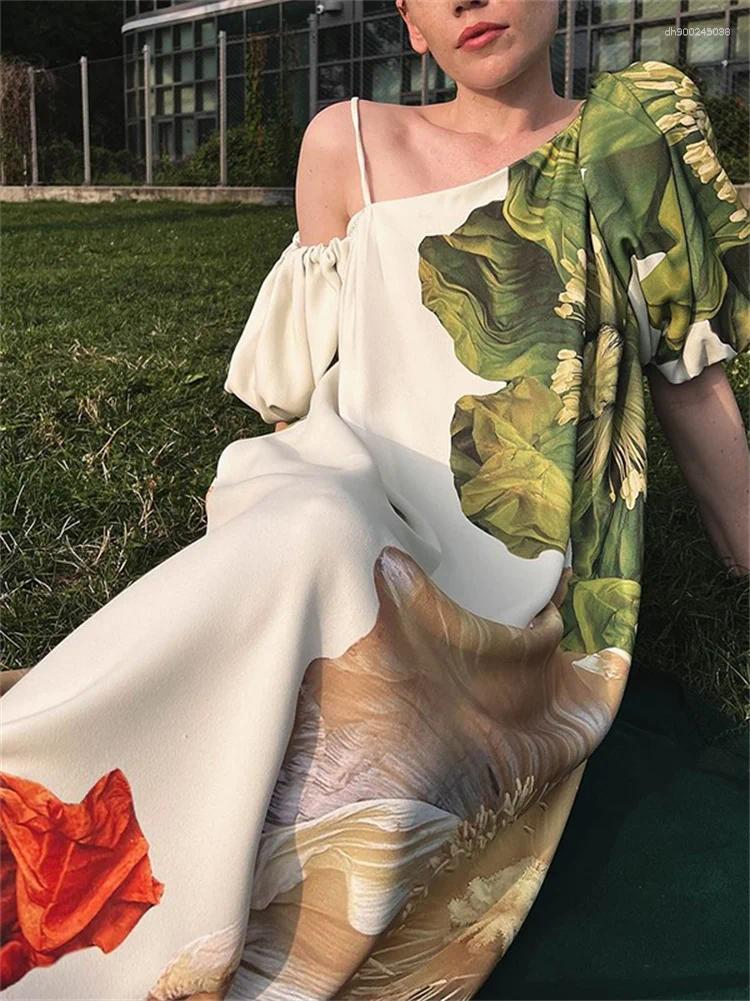 Casual Dresses Women Elegant Floral Printed Evening Banquet Maxi 2025 Summer Sleeves One-shoulder Party Prom Long Dress