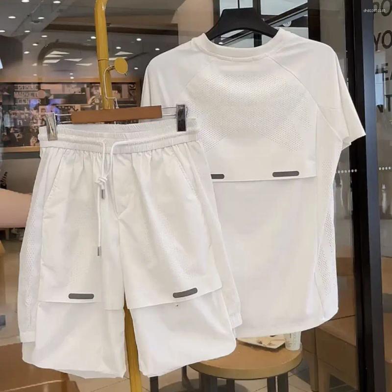 Men's Tracksuits Men Summer Thin Mesh Breathable Ice Silk Quick-drying Short-sleeved Shorts Two-piece Set Loose Running Basketball Wear