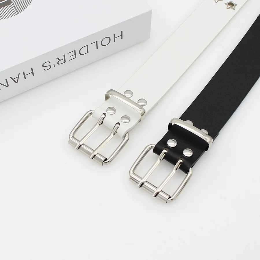 Y2K Punk Rivet Leather Belts for Women and Men Star PU Black White Waist Strap Double Row Hollow Trendy Waistband Jeans Skirt Decoration XJ250602