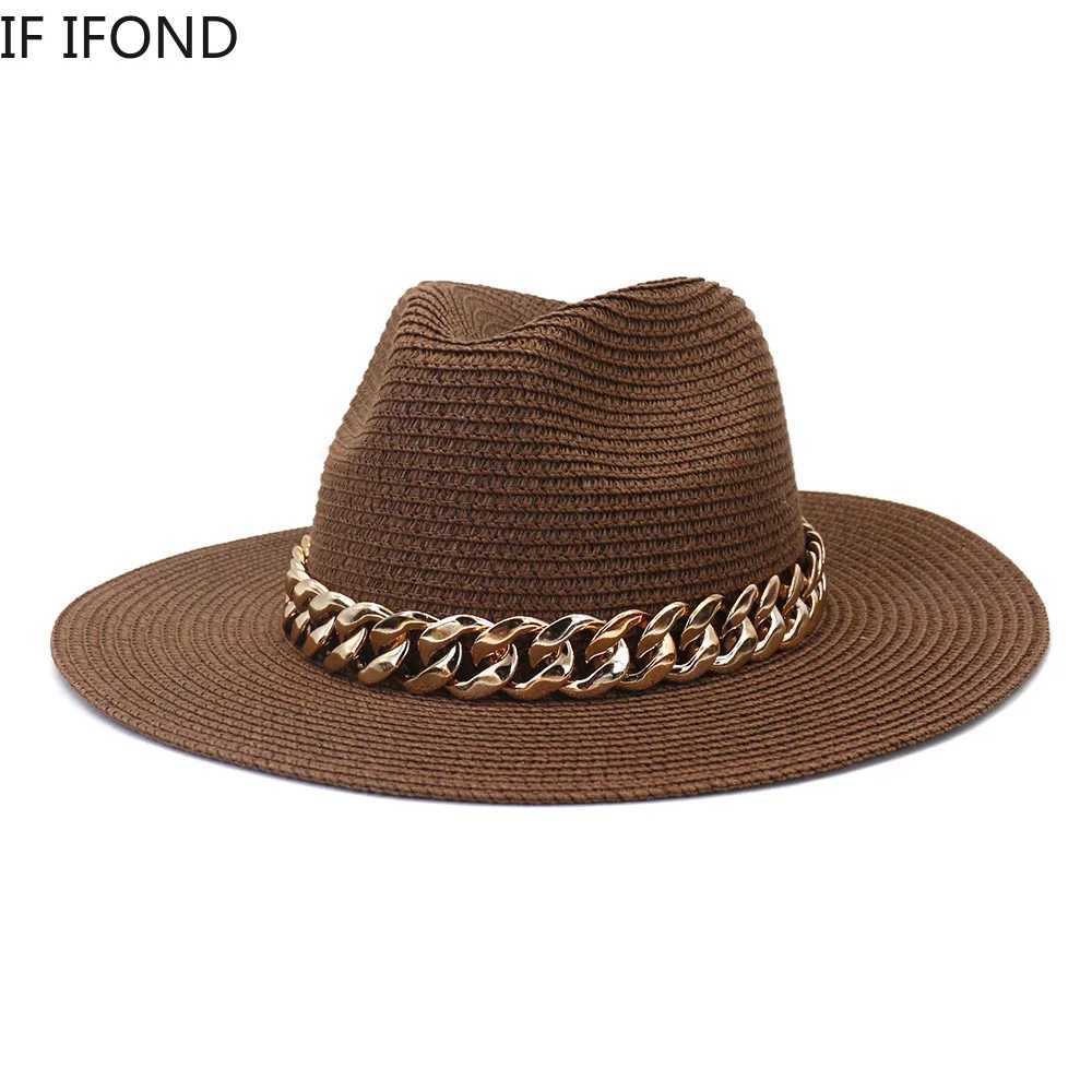 Fashion Gold Chain Belt Panama Straw Hats For Women Summer Breathable Beach Sun Hats Elegant Ladies Party Jazz Hat W250602