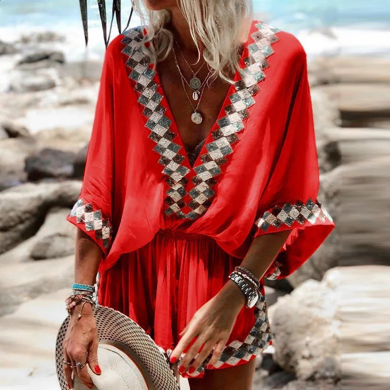 Sexy V Neck Bohemian Print Jumpsuit Office Lady Summer Casual Short Wide Leg Jumpsuits For Women Colorful One Piece Rompers 250528