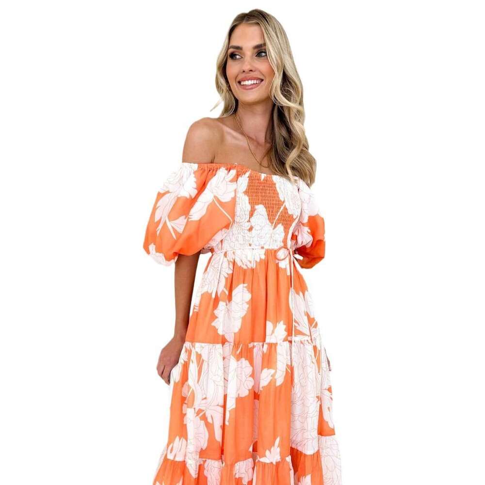 Spring/Summer Elegant Floral Off-Shoulder Puff Sleeve Fashion Dress B5