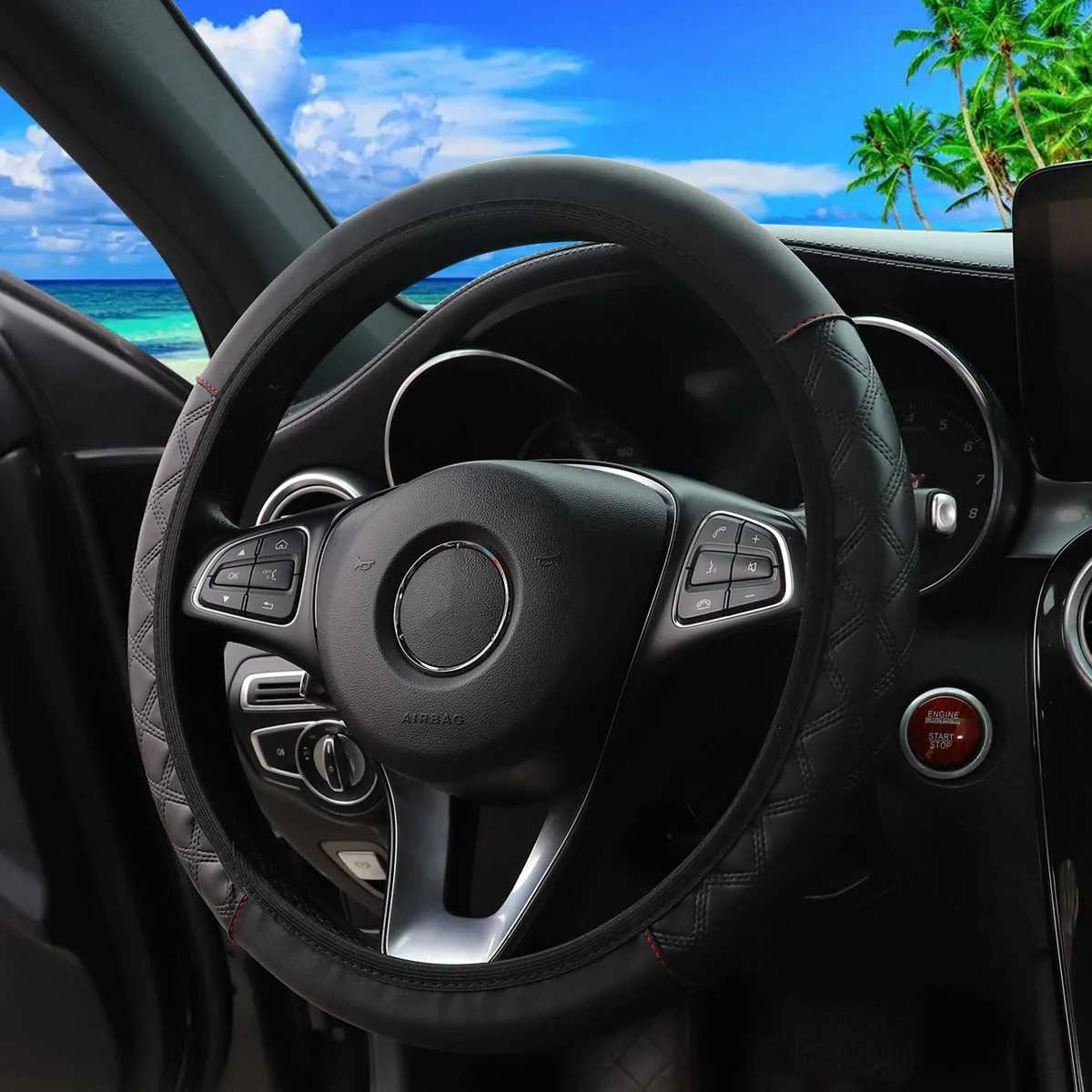 Simple PU leather black red color matching four seasons general elastic car steering wheel cover for 14.5-15 inches for women R250603