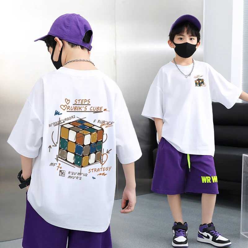 Korean Childrens Clothes 2025 Rubik Cube Graphic T Shirts Boys Summer 100% Cotton Short-sleeved T-shirt Tops Kids Clothes 7-13Y T250603