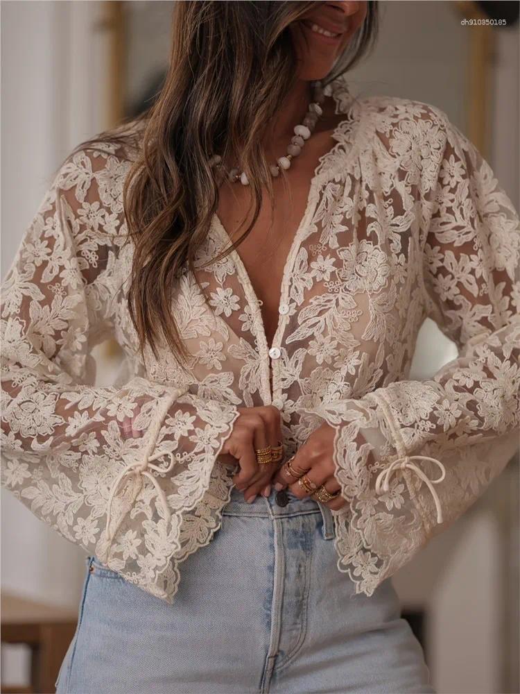 Womens Blouses Long Sleeve Lace Shirts Women Clothing 2025 Blusas Mujer De Moda Hollow Out Sexy Tops See Through Summer Casual Shirt
