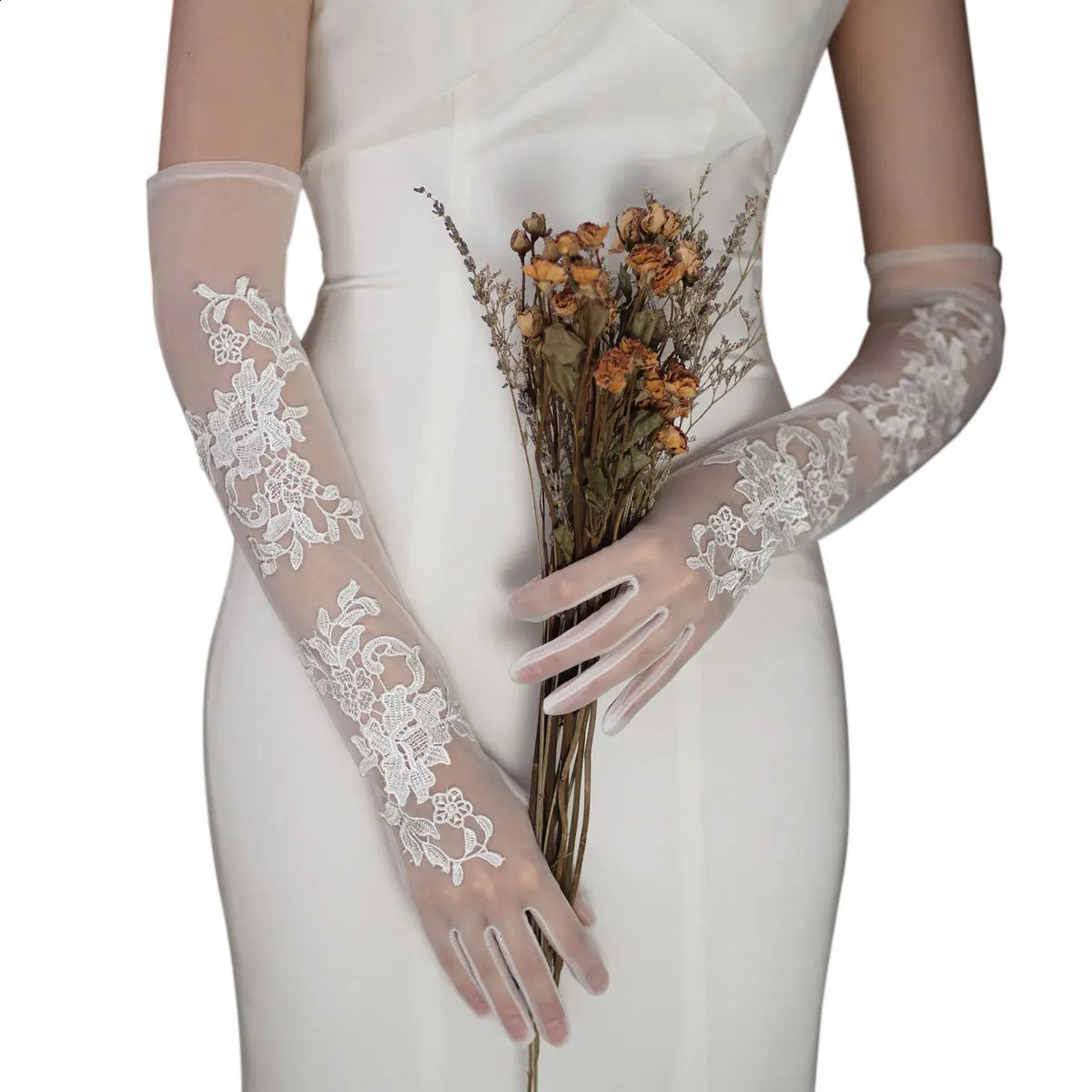 WG096 Elegant Wedding Bridal Gloves Long White Tulle Lace Appliqued Brides Bridesmaid Women Pageant Perform Prom Gloves 250530