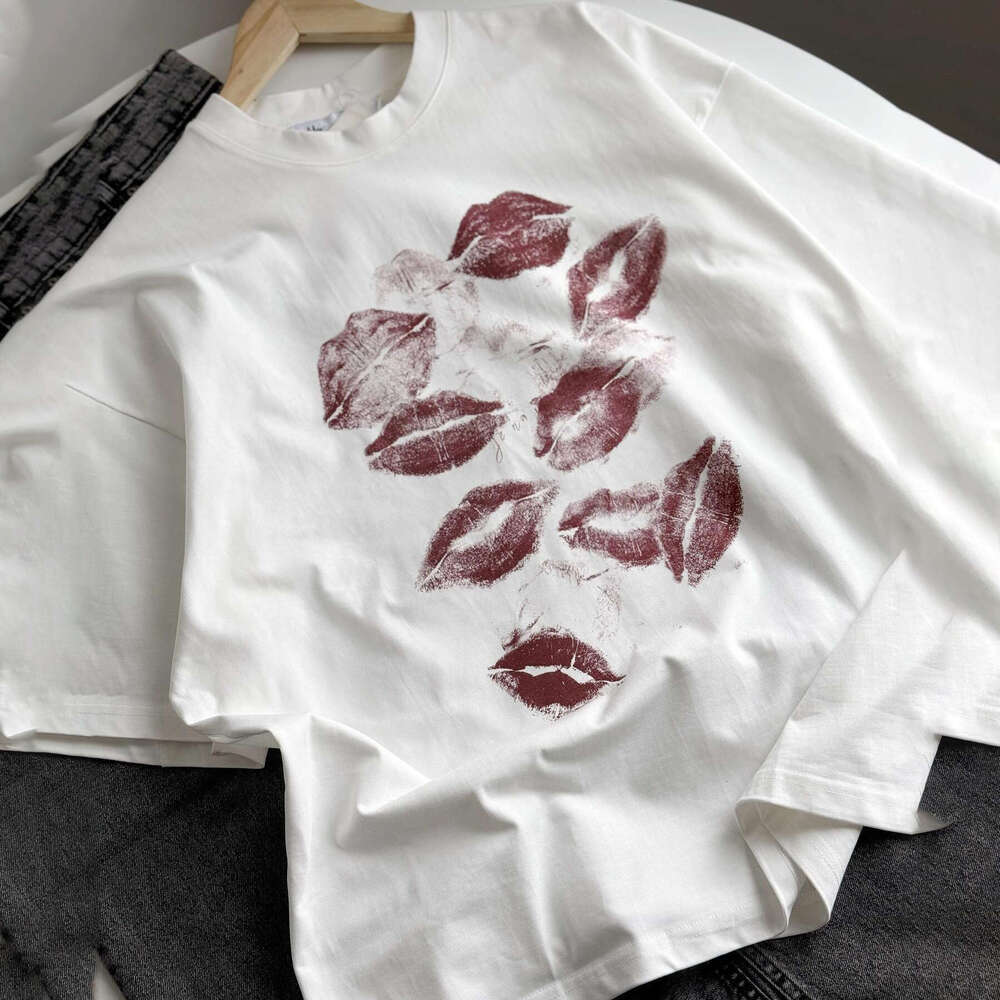 Spring Summer New Lip Print Short T-Shirt Women Pure Cotton Round Neck Pullover Top Drop Shoulder Sleeve Women's Fashion B5