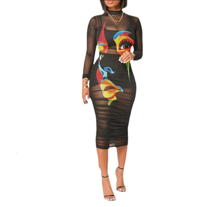 women's wear 2023 Summer New Short Skirt Top with Printed Sexy Mesh Mid-Length Dress Three-Piece Set