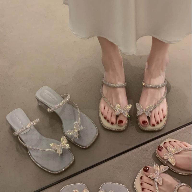 Super Soft~ Rhinestone Butterfly One-Strap Post Half Slippers for Women, Outdoor Leather Square Toe Soft Sole Chunky Heel Silver Sandals ddmythur