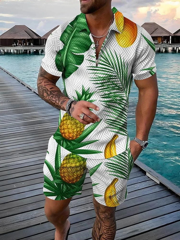 Summer 3D tropical fruits Print Men Polo Set Zipper Lapel Sets Collar And Shorts 2pcs Holiday style Man clothes 250530