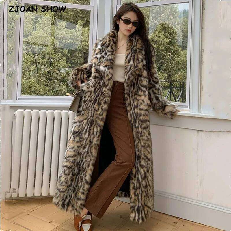 High quality Winter Animal Leopard Faux Fur Extra Long Coat Full Sleeve Warm Shaggy Jacket Loose Outerwear