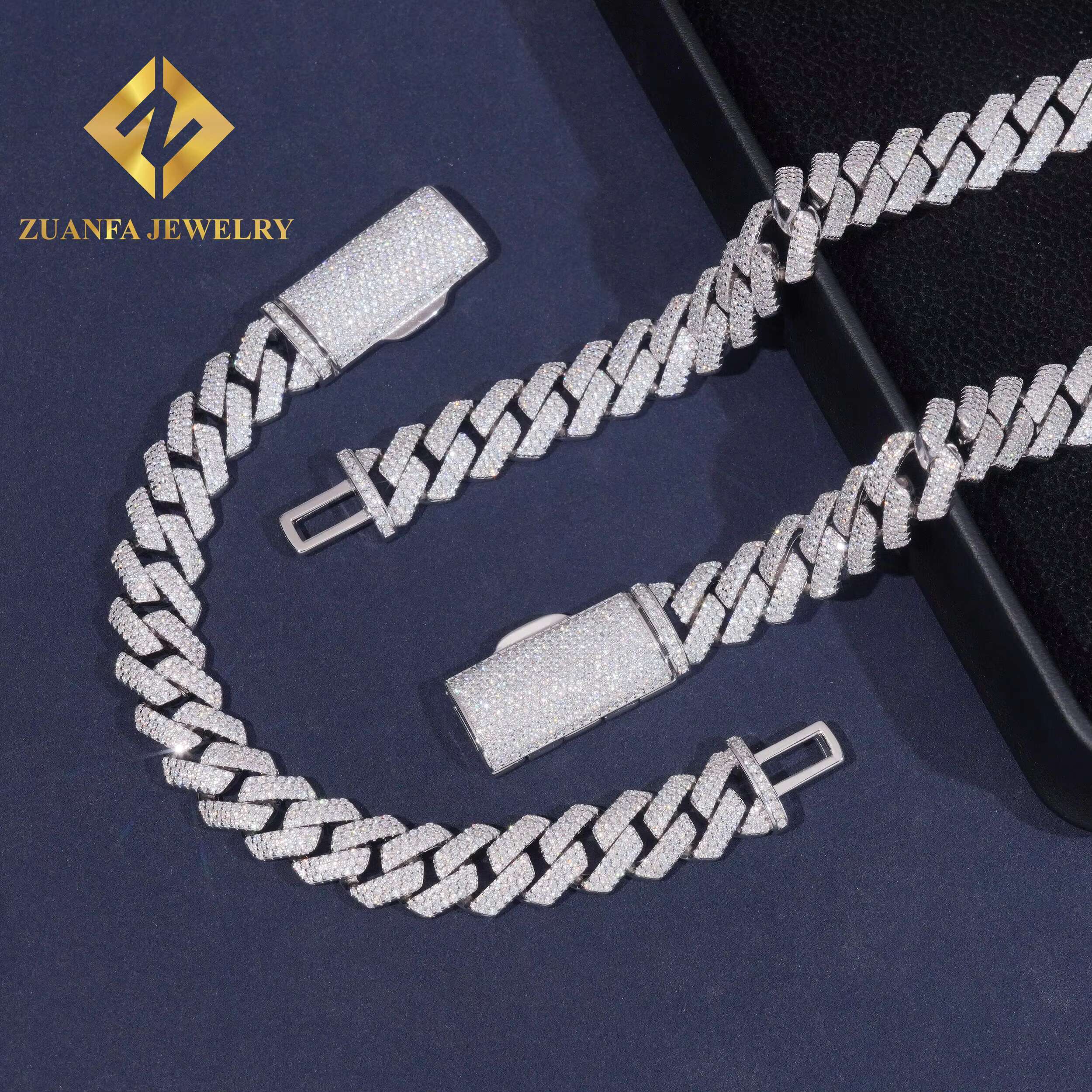 14mm Moissanite 925 Silver Gold Plated Cuban Link Chain Fine Jewelry vvs
