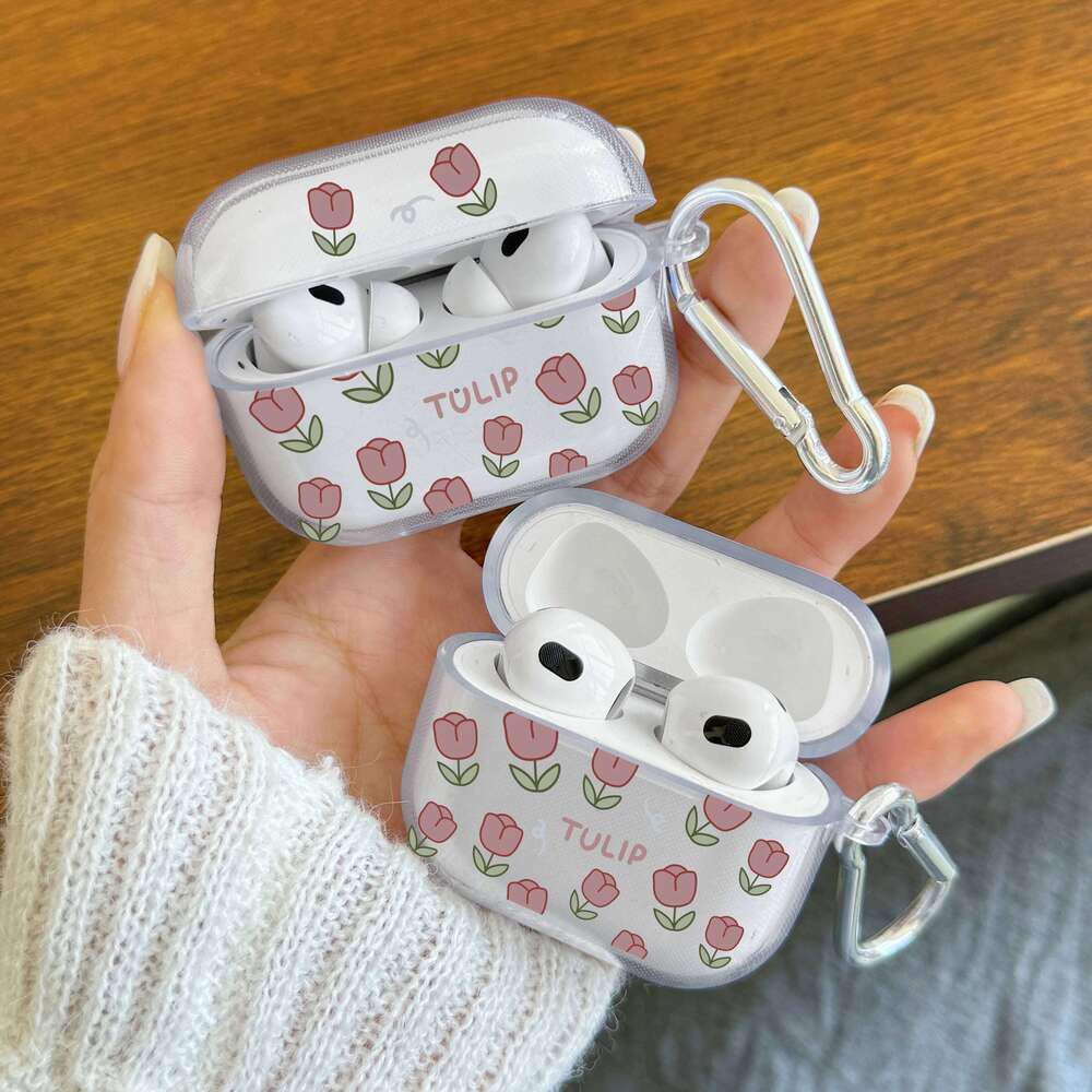 Cartoon Flower Silicone Pro/Pro2 Clear TPU Case For 3/4 Wireless Earphone With Keychain Protector Cover