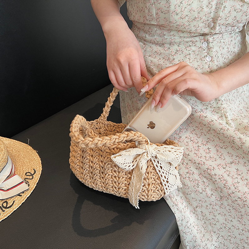 designer Summer Straw Woven Bag for Women, Stylish Bowknot Handheld Bucket Bag, Trendy Fashion Scarf Beach Vacation Woven Bag