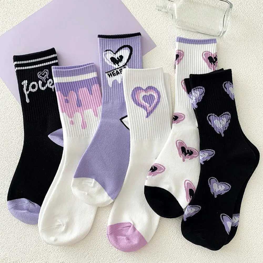 Women White Socks Cute Cotton Socks With Hearts Kawaii Preppy Korean Style Anime Purple Women Socks Set 5 PairT250602
