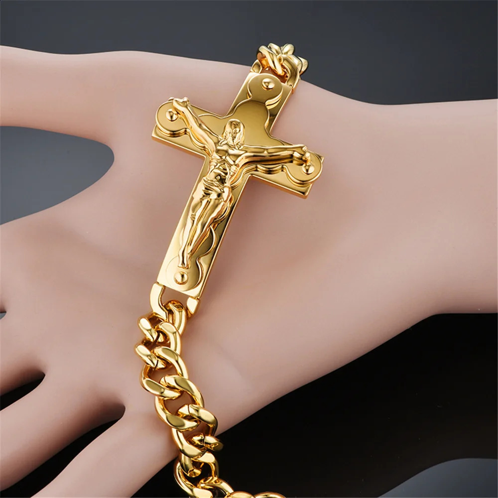 Punk Crucifix Jesus Cross Charm Bracelet Male Gold Color Stainless Steel Cuban Hand Chain For Men Fashion Party Jewelry Gift 250530
