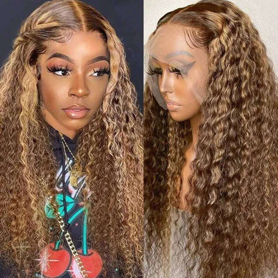 HD Transparent Highlight Honey Blonde Front Wigs For Women Curly Human Hair Deep Wave Lace Frontal Wig
