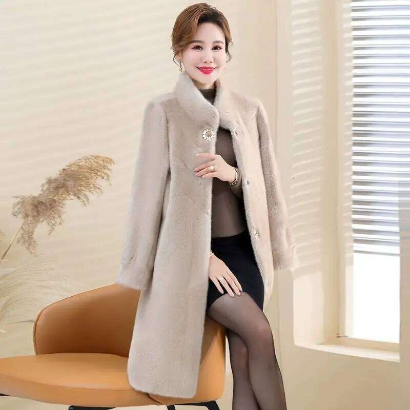 2025 new winter mink coat women Fashion Elegant middle-aged mom Stand collar long Warm fur jacket Female loose overcoat T825